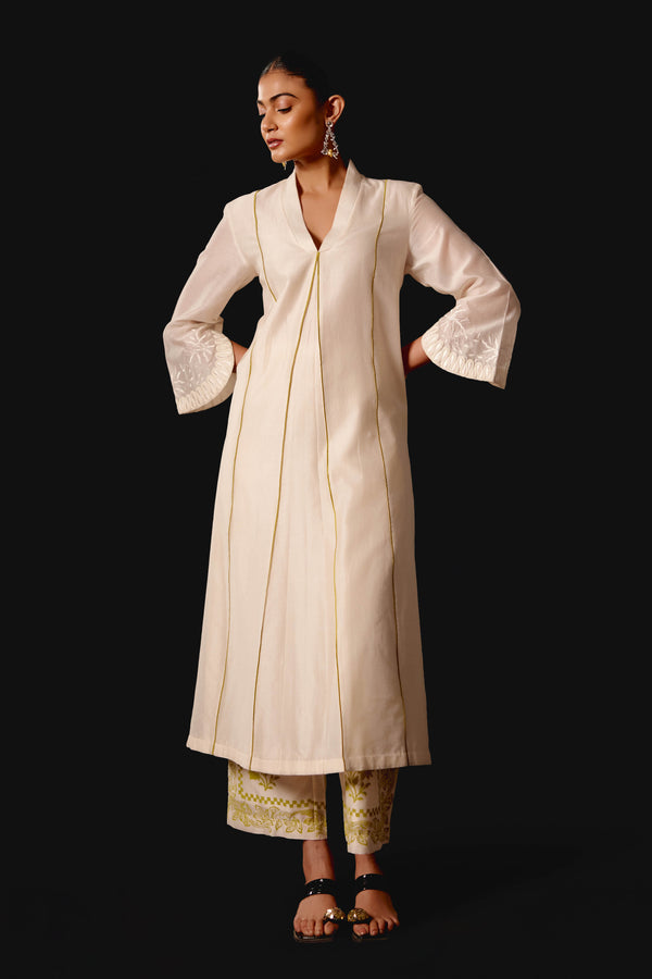 Ivory Embroidered Silk Chanderi Kurta Set