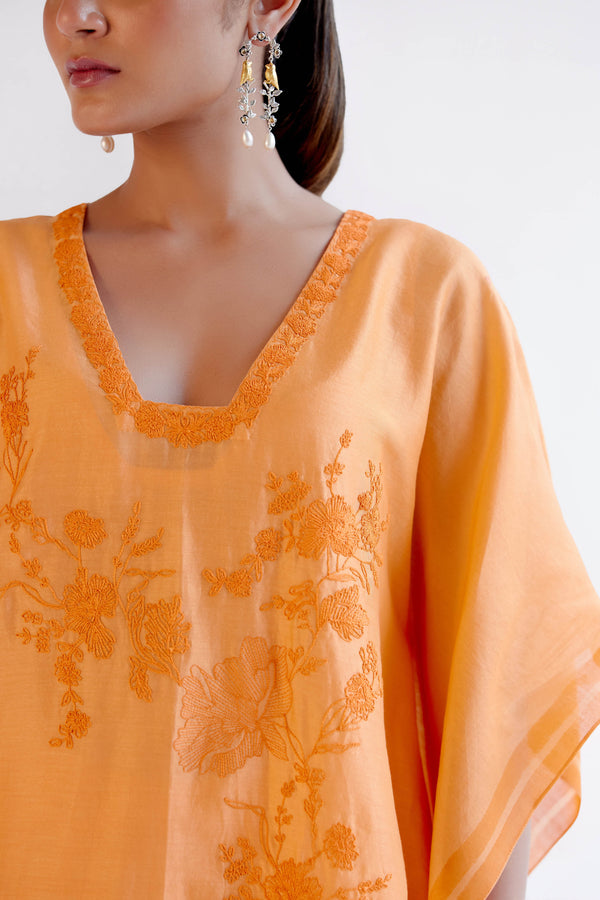 Orange Chanderi Kaftan Set with Resham Embroidery