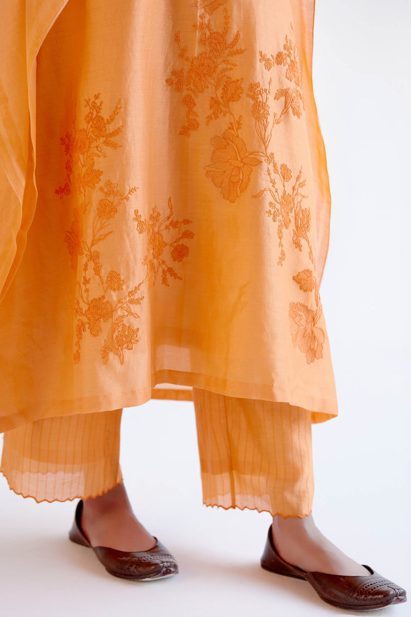 Orange Chanderi Kaftan Set with Resham Embroidery