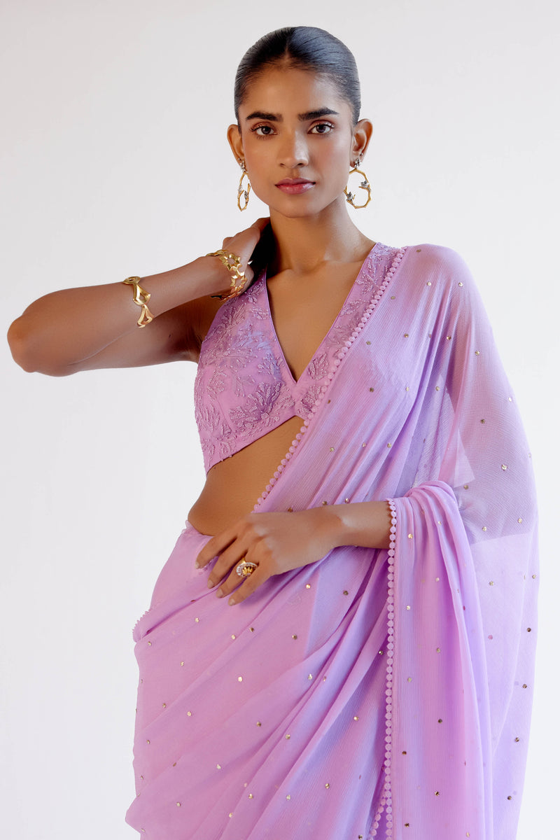 Lilac Modal Satin & Chiffon Mukaish Saree