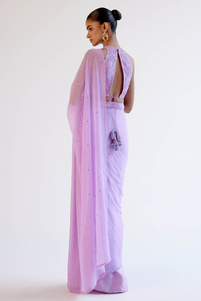 Lilac Modal Satin & Chiffon Mukaish Saree