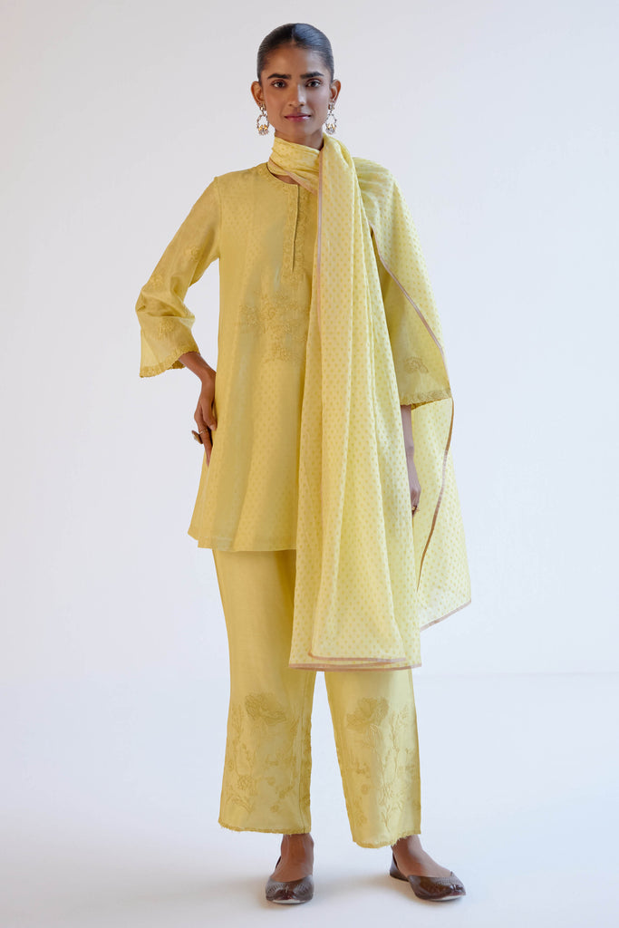 Lemon Yellow Chanderi Short Kurta Set