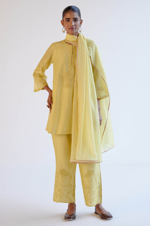 Lemon Yellow Chanderi Short Kurta Set