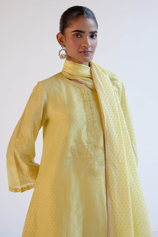Lemon Yellow Chanderi Short Kurta Set