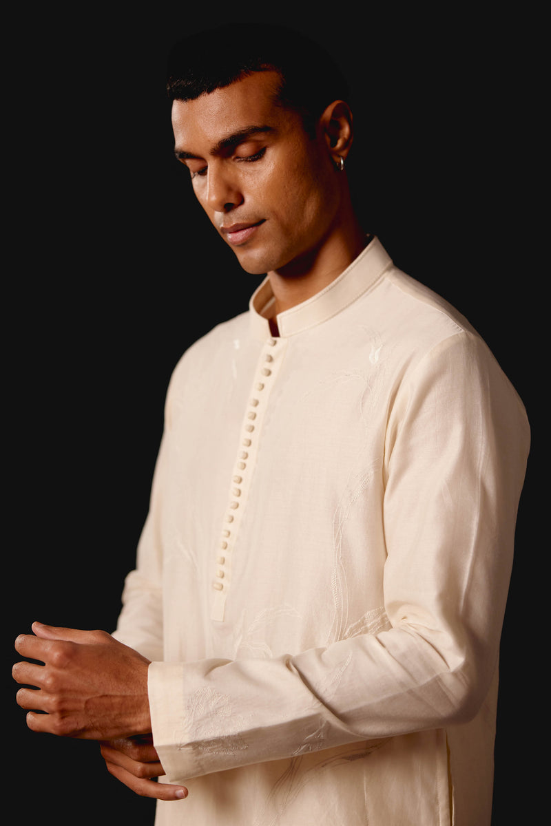Ivory Embroidered Silk Chanderi Kurta Set