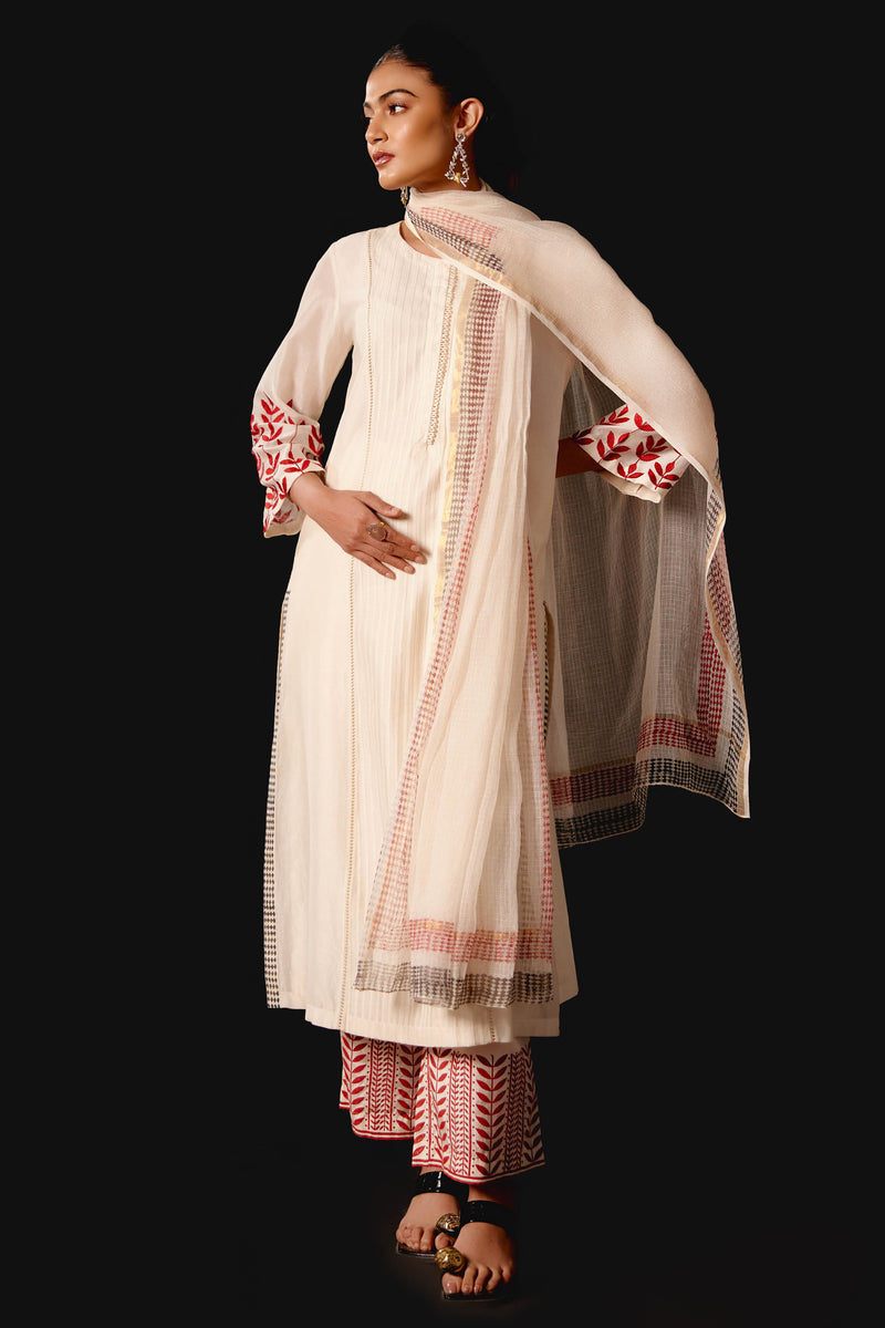 Ivory Embroidered Chanderi Kurta Set