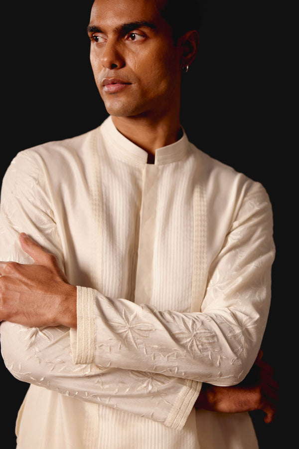 Ivory Silk Chanderi Kurta Set with Resham and Dori Embroidery
