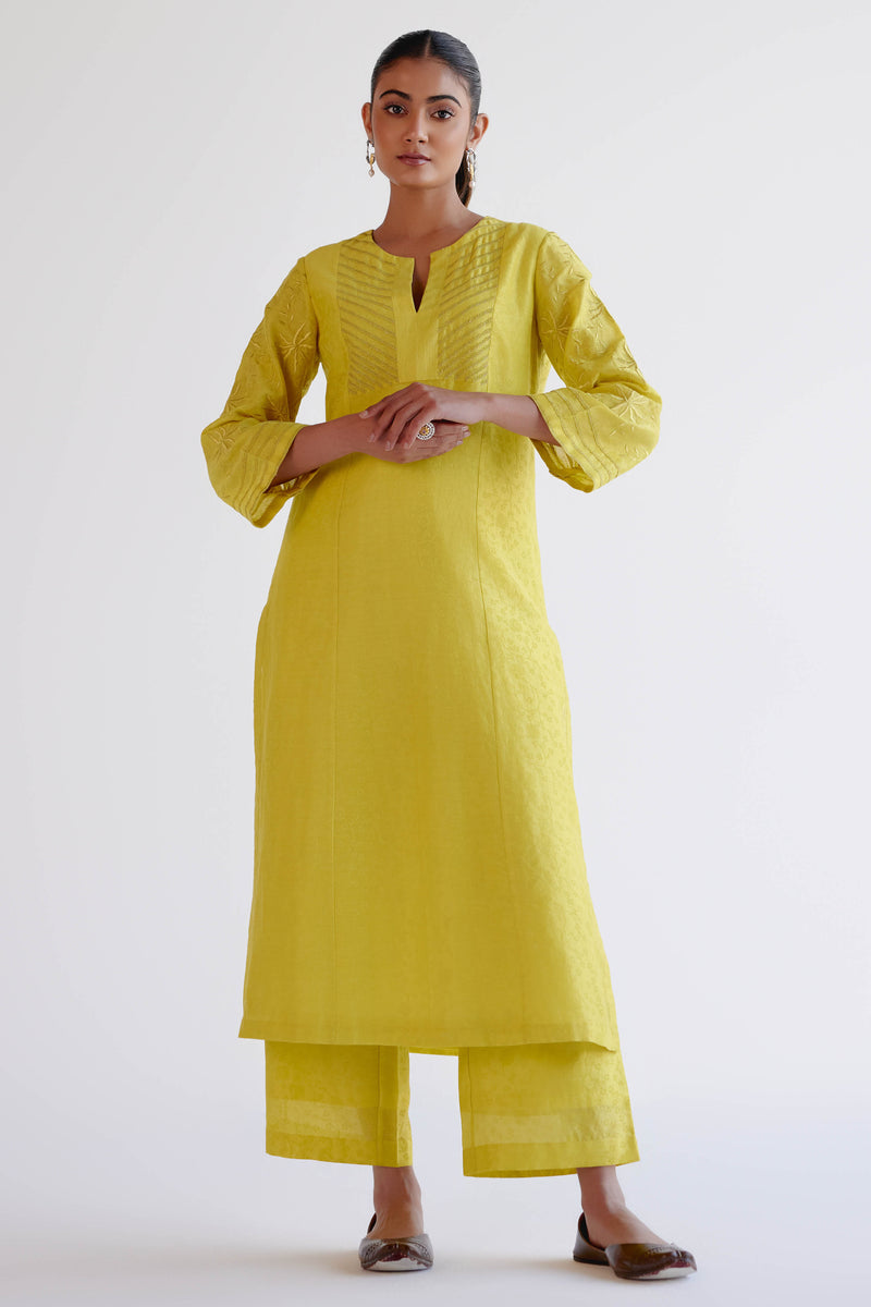 Lemon Yellow Chanderi Kalidar Kurta Set