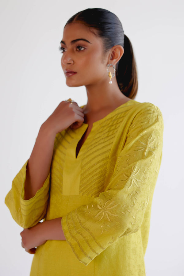 Lemon Yellow Chanderi Kalidar Kurta Set