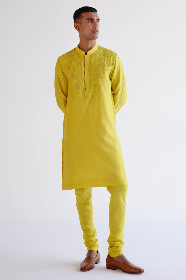 Lemon Yellow Embroidered Silk chanderi Kurta