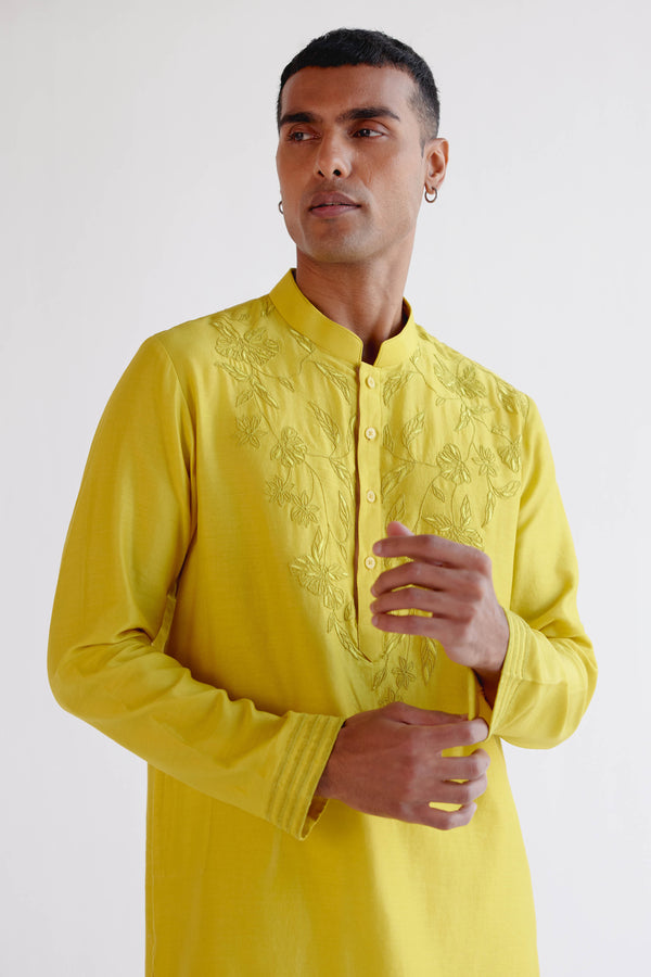 Lemon Yellow Embroidered Silk chanderi Kurta