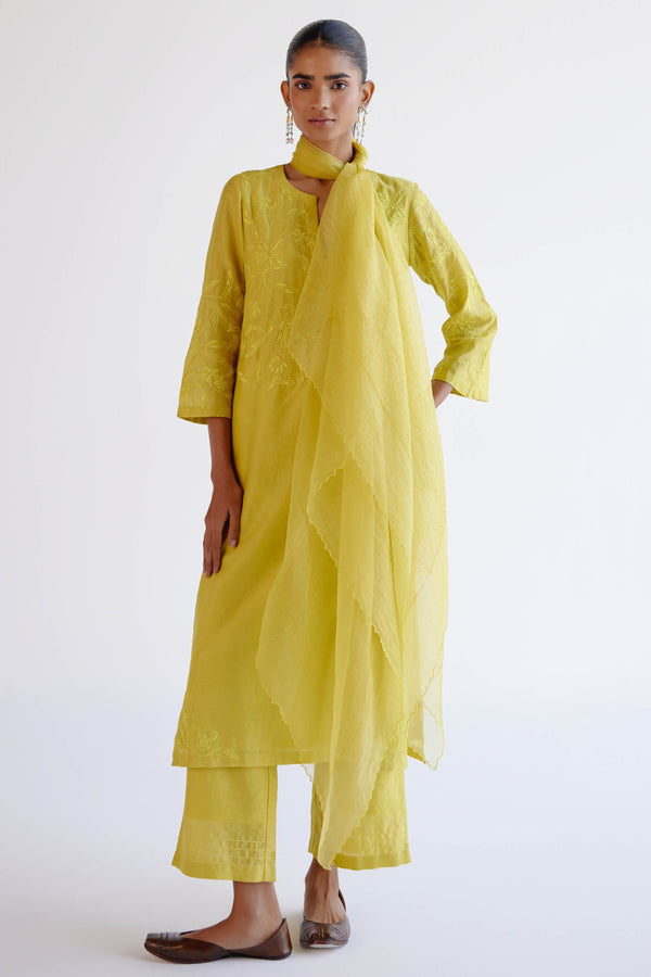 Lemon Yellow Chanderi Kurta Set with Resham Work Embroidery