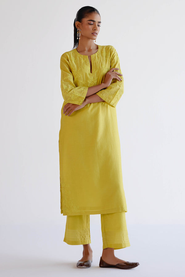 Lemon Yellow Chanderi Kurta Set with Resham Work Embroidery