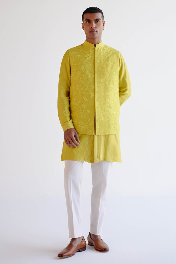 Lemon Yellow Embroidered Bundi Set