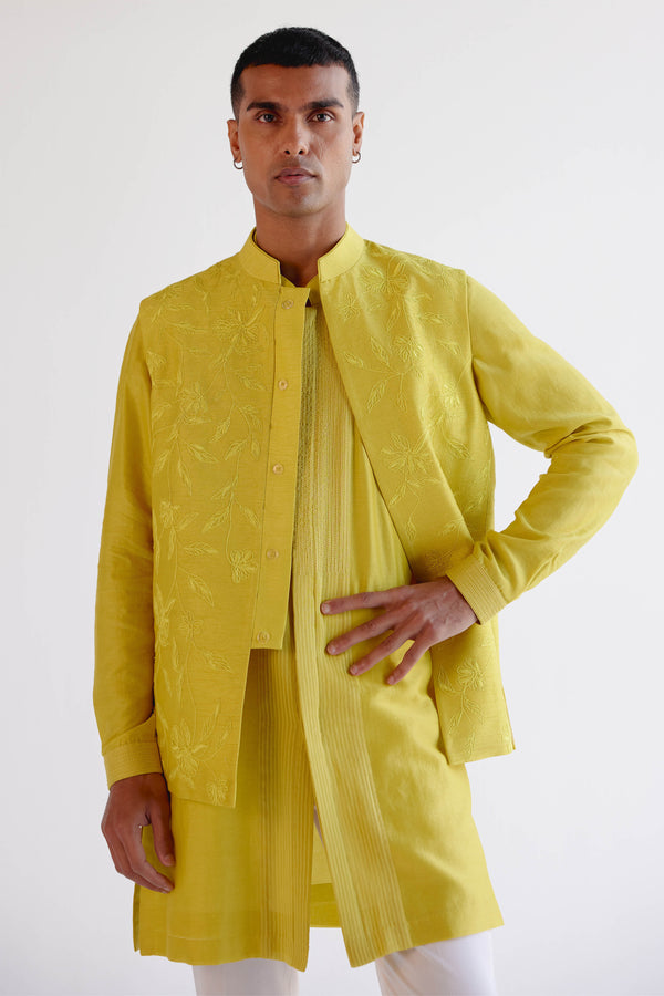 Lemon Yellow Embroidered Bundi Set