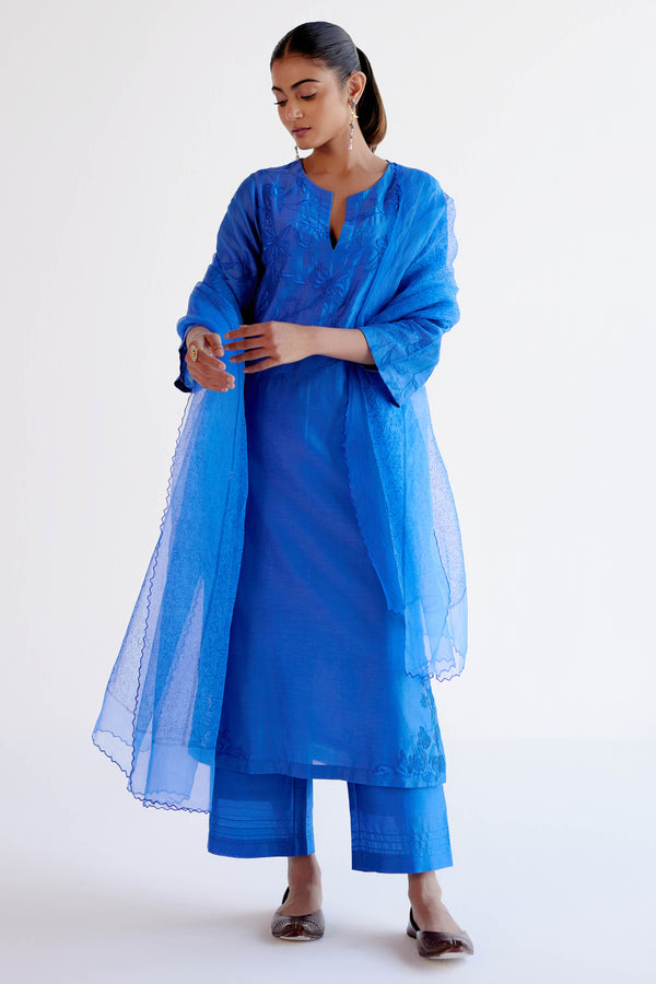 Bright Blue Chanderi Kurta Set with Resham Work Embroidery