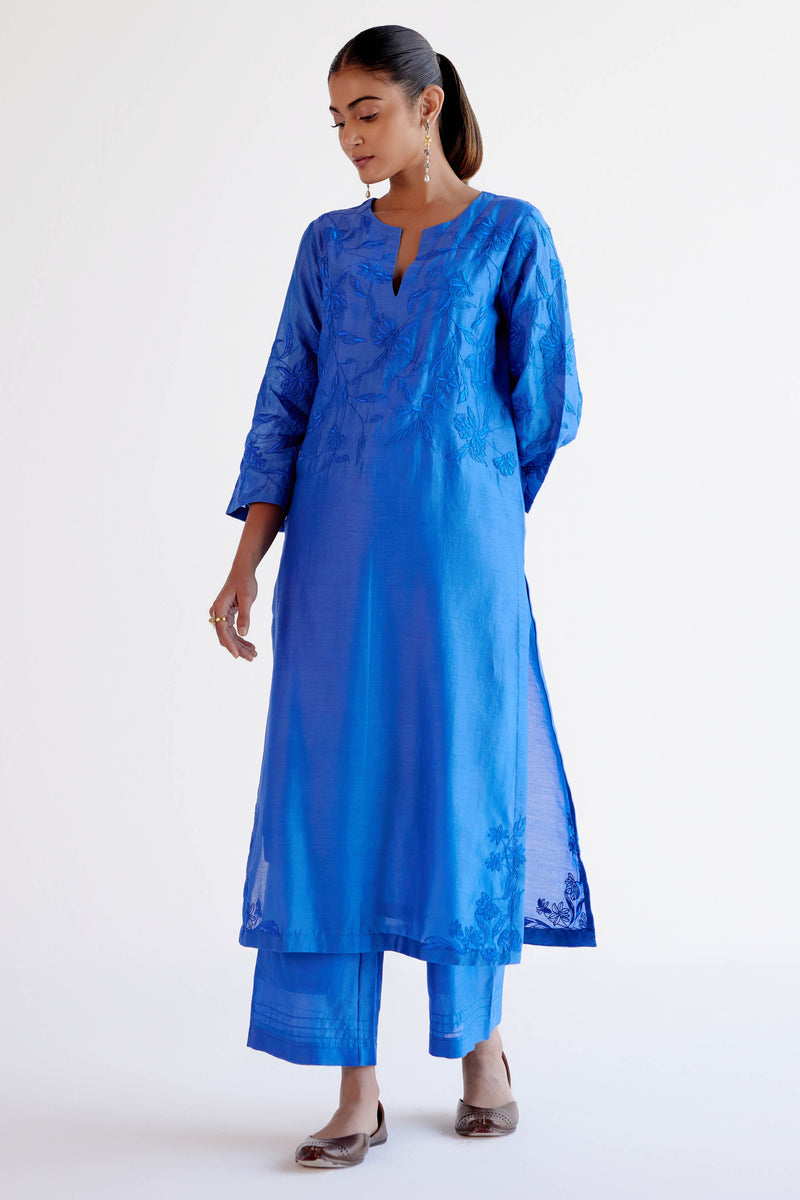 Bright Blue Chanderi Kurta Set with Resham Work Embroidery