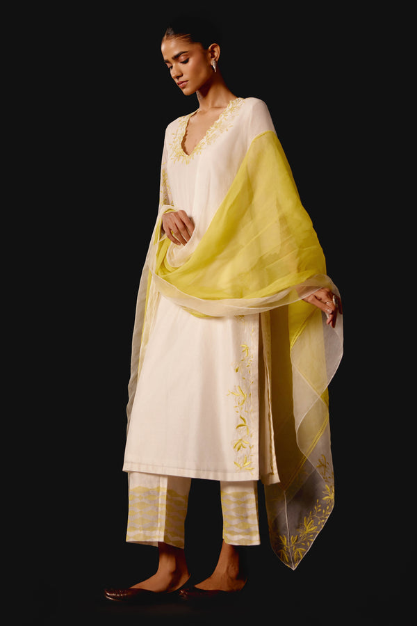 Ivory Yellow Chanderi Kurta Set with Cutwork Embroidery