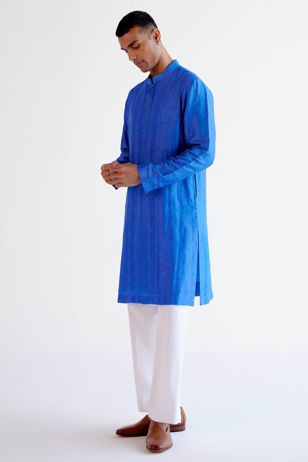 Bright Blue Embroidered Summer Tussar Kurta Set