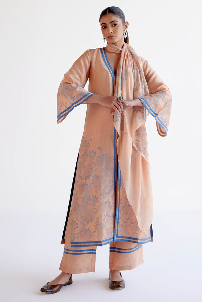 Caramel Summer Tussar Kurta Set with Block Print