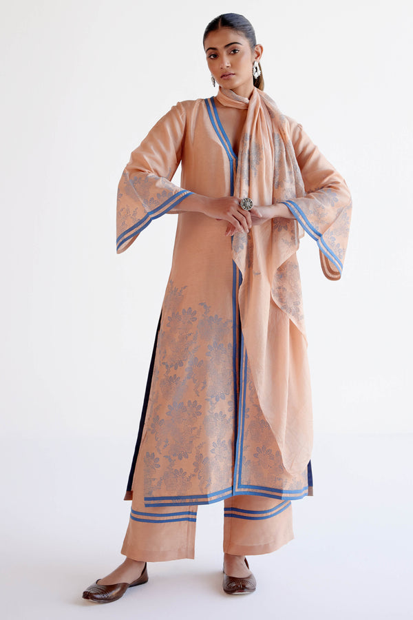 Caramel Summer Tussar Kurta Set with Block Print