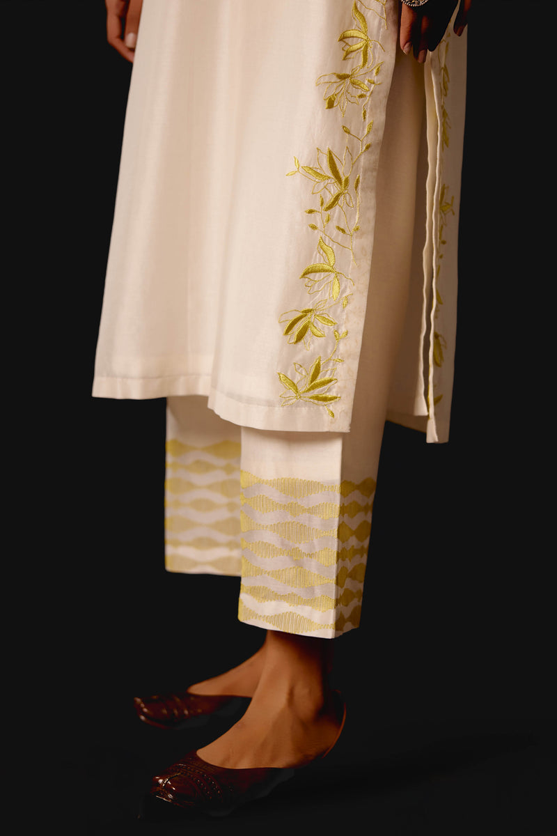 Ivory Yellow Chanderi Kurta Set with Cutwork Embroidery