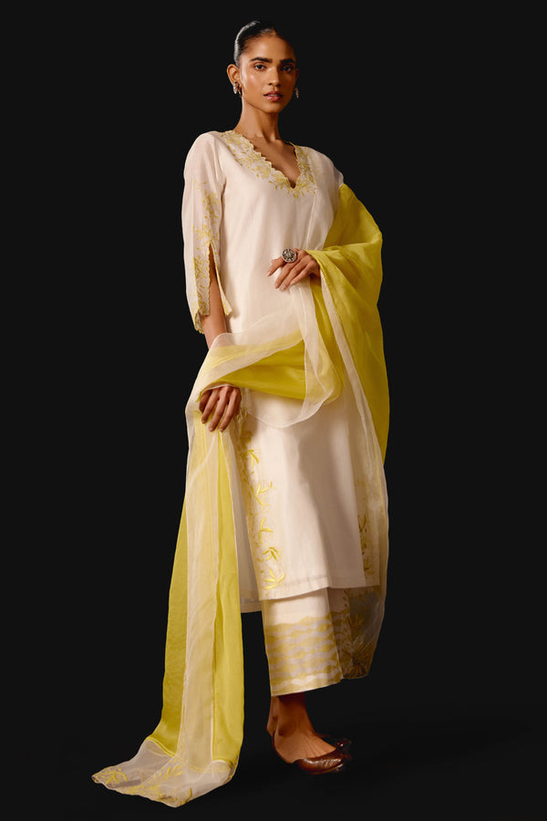 Ivory Yellow Chanderi Kurta Set with Cutwork Embroidery