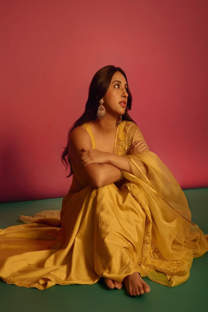 Akansha Ranjan Kapoor in Yellow Cotton Silk Satin Anarkali set