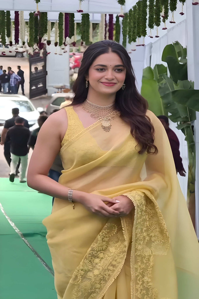 Keerthy Suresh in Yellow Embroidered Saree Set
