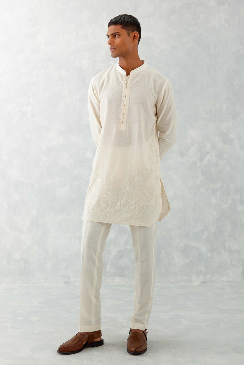 Ivory Floral Embroidered Chanderi Short Kurta Set