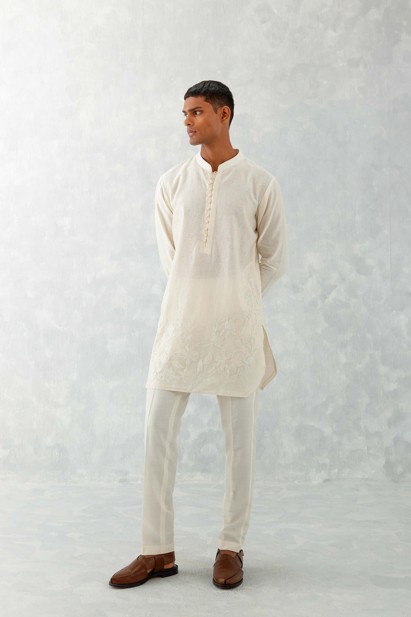 Ivory Floral Embroidered Chanderi Short Kurta Set