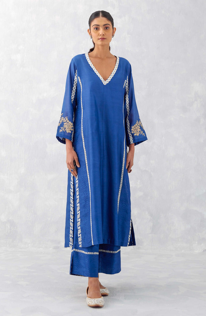 Blue Embroidered Chanderi Kurta Set