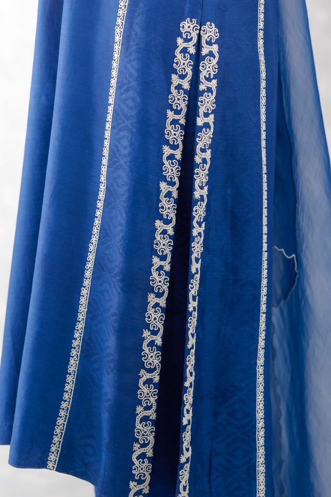 Women Blue Embroidered Angrakha Chanderi Cotton Kurta with Palazzos & Dupatta