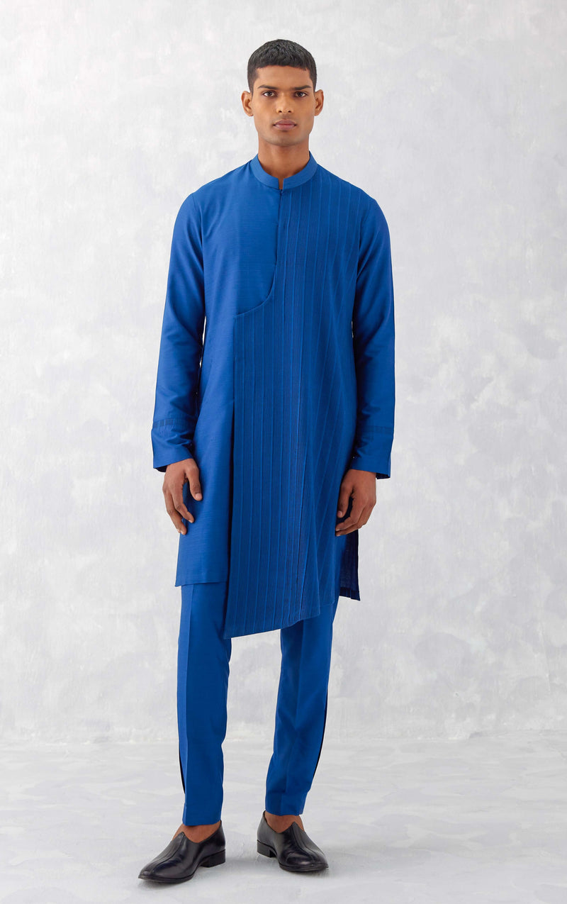 Blue Cotton Silk Blend Pin Tucks Kurta Set