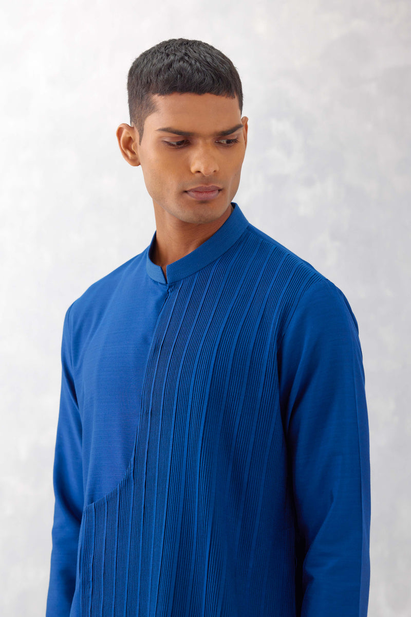 Blue Cotton Silk Blend Pin Tucks Kurta Set