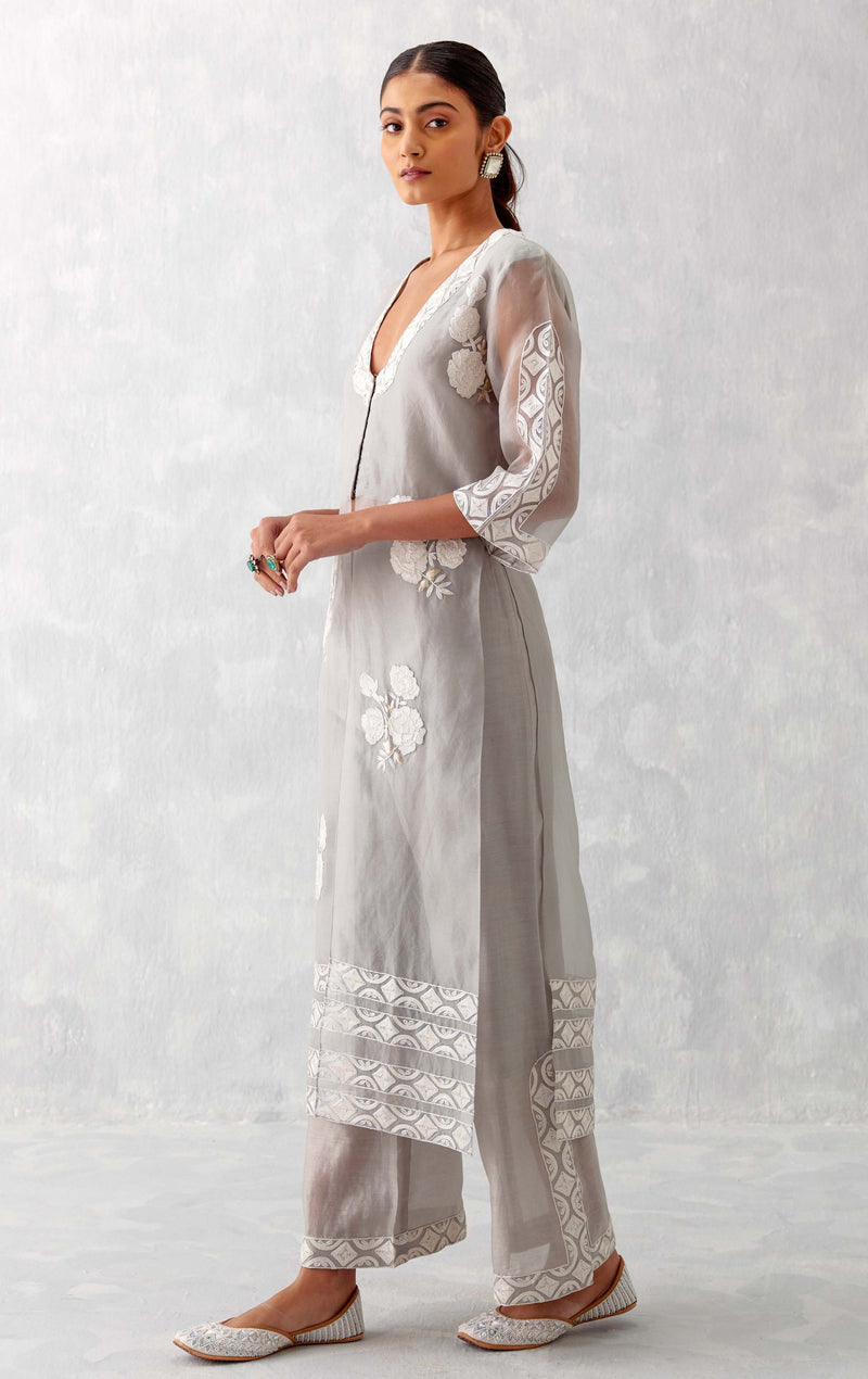 Grey Slit Silk Organza Kurta Set