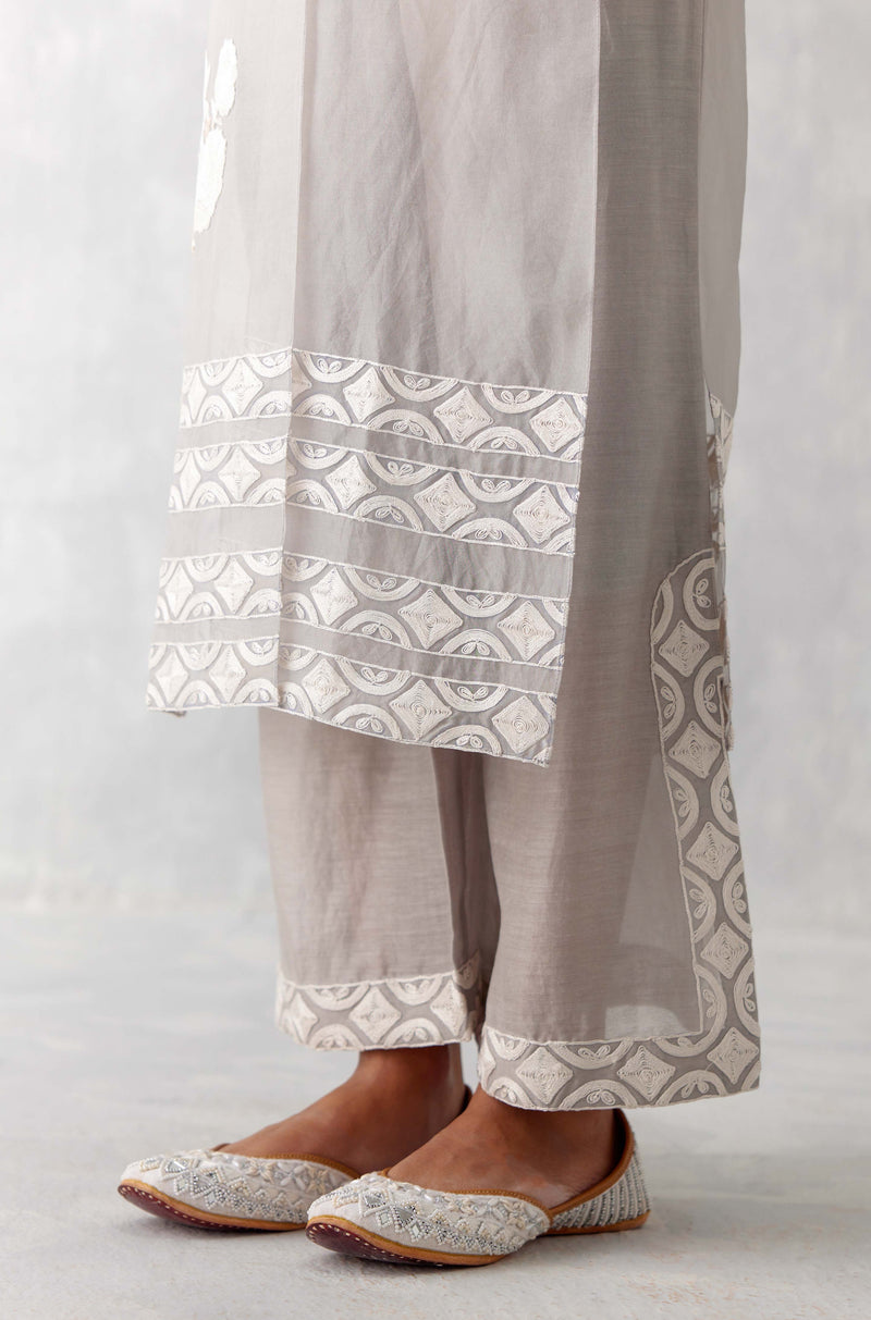 Grey Slit Silk Organza Kurta Set