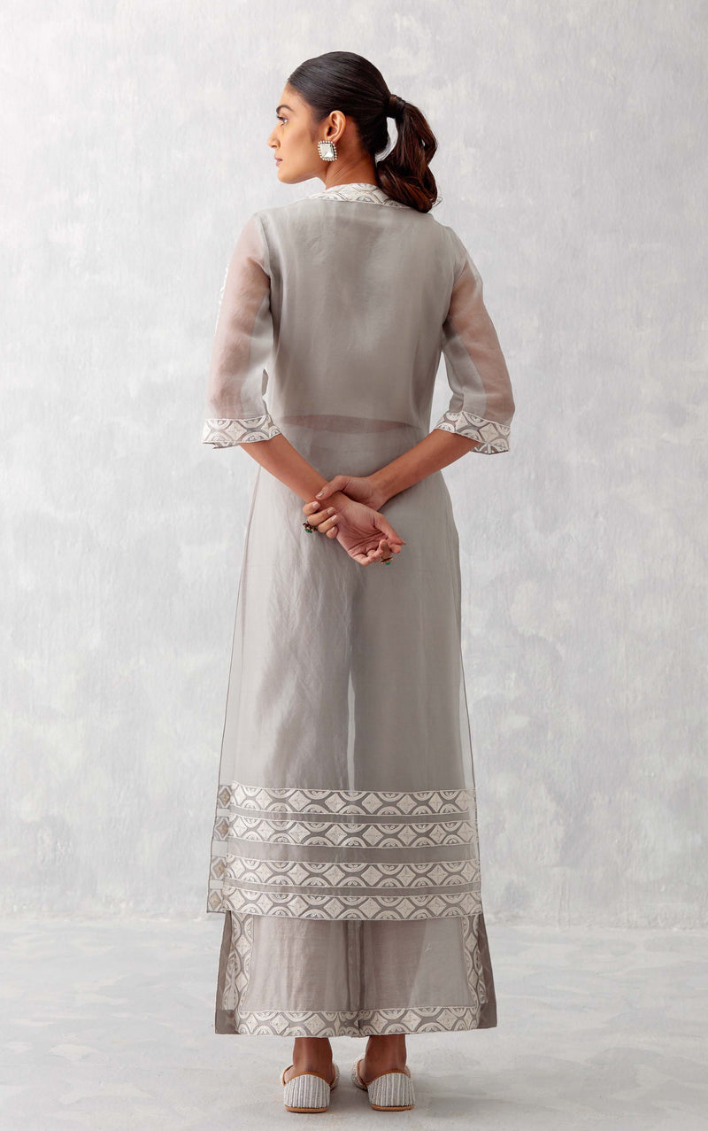 Grey Slit Silk Organza Kurta Set