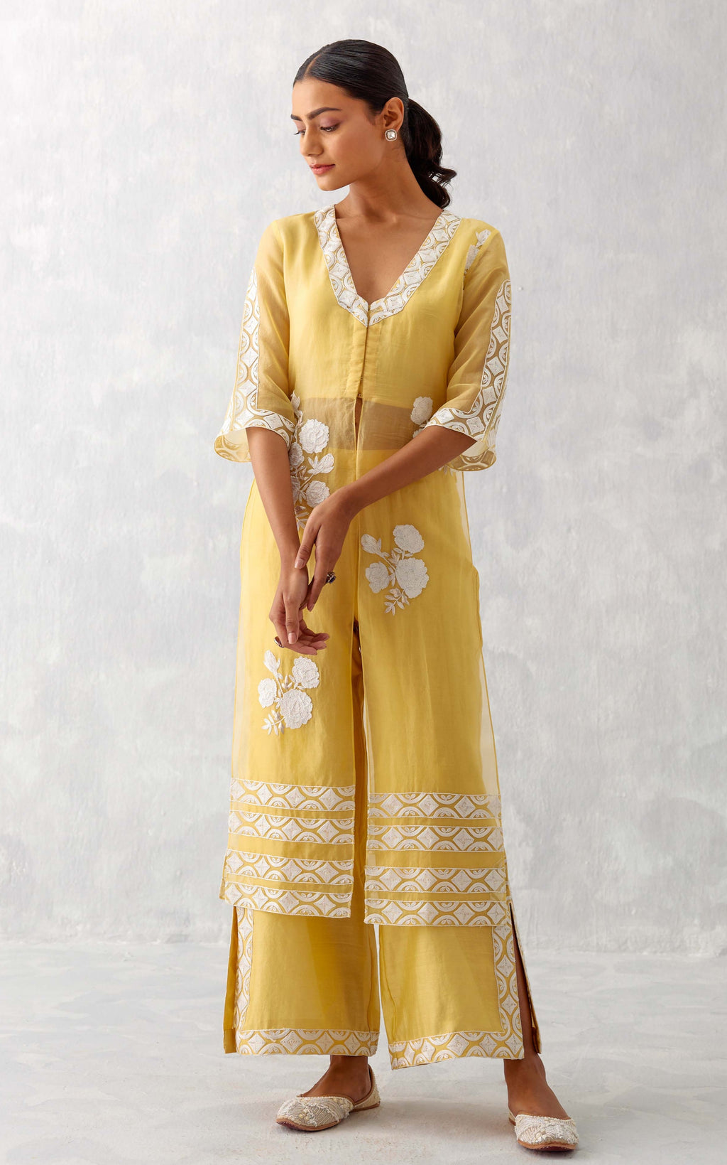 v-neck kurta with side slit - indigo nightfall & orange nasturtium