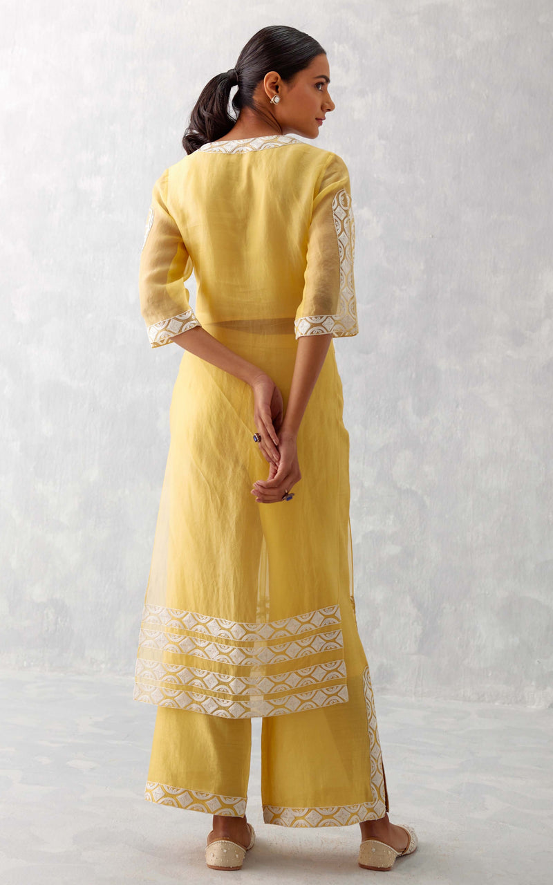 Mango Yellow Slit Silk Organza Kurta Set