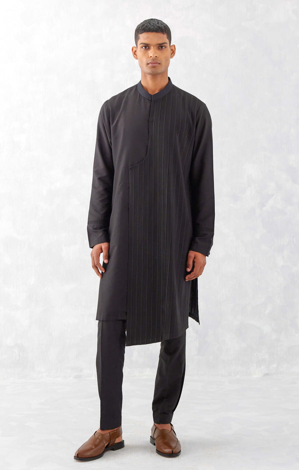 Black Cotton Silk Blend Pin Tucks Kurta Set