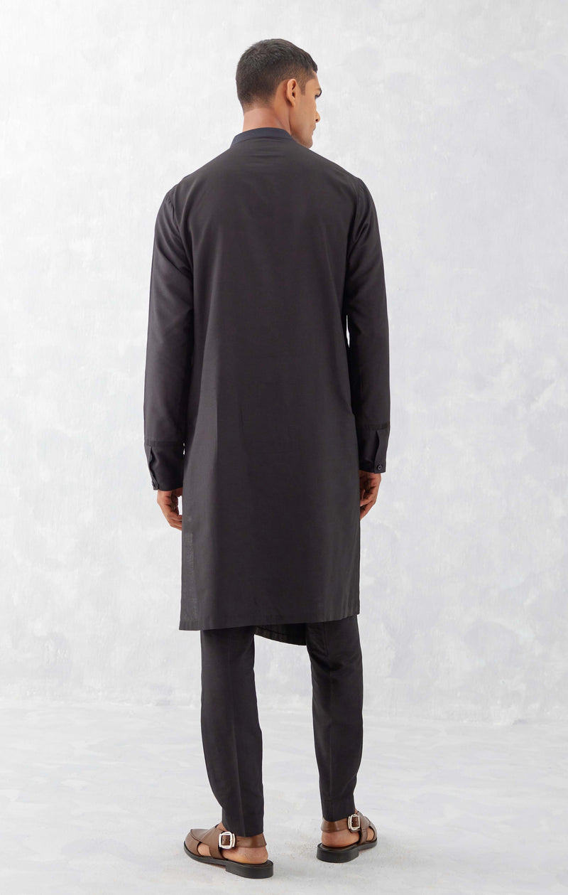 Black Cotton Silk Blend Pin Tucks Kurta Set