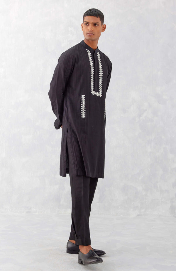 Black Embroidered Woven Chanderi Kurta Set