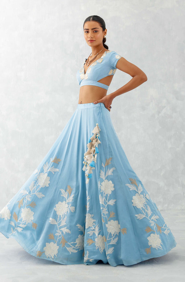 Ice Blue Embroidered Cotton Silk Satin Lehenga Set