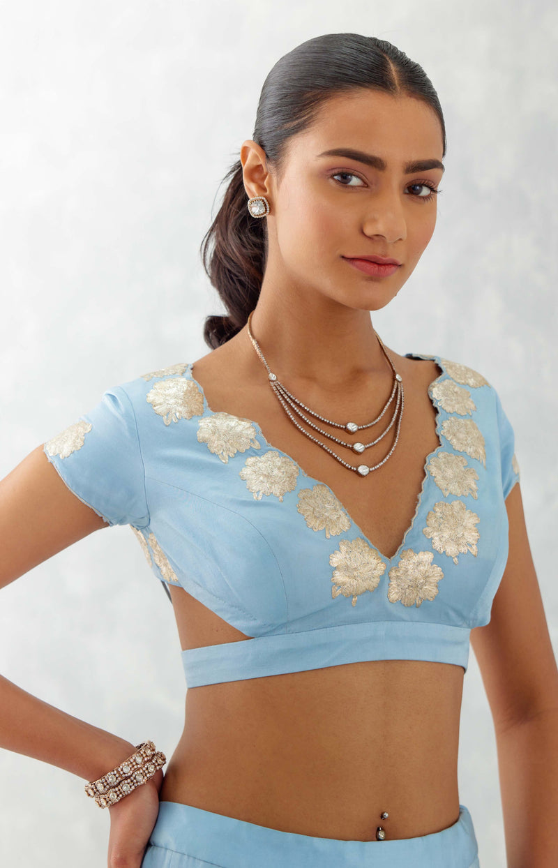 Ice Blue Embroidered Cotton Silk Satin Lehenga Set