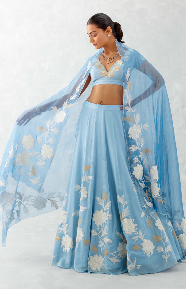 Ice Blue Embroidered Cotton Silk Satin Lehenga Set