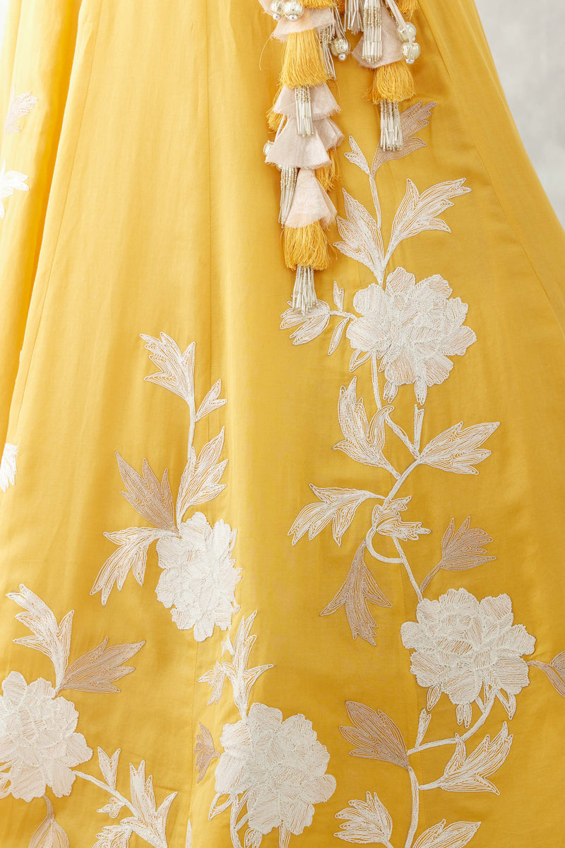 Mango Yellow Embroidered Cotton Silk Satin Lehenga Set