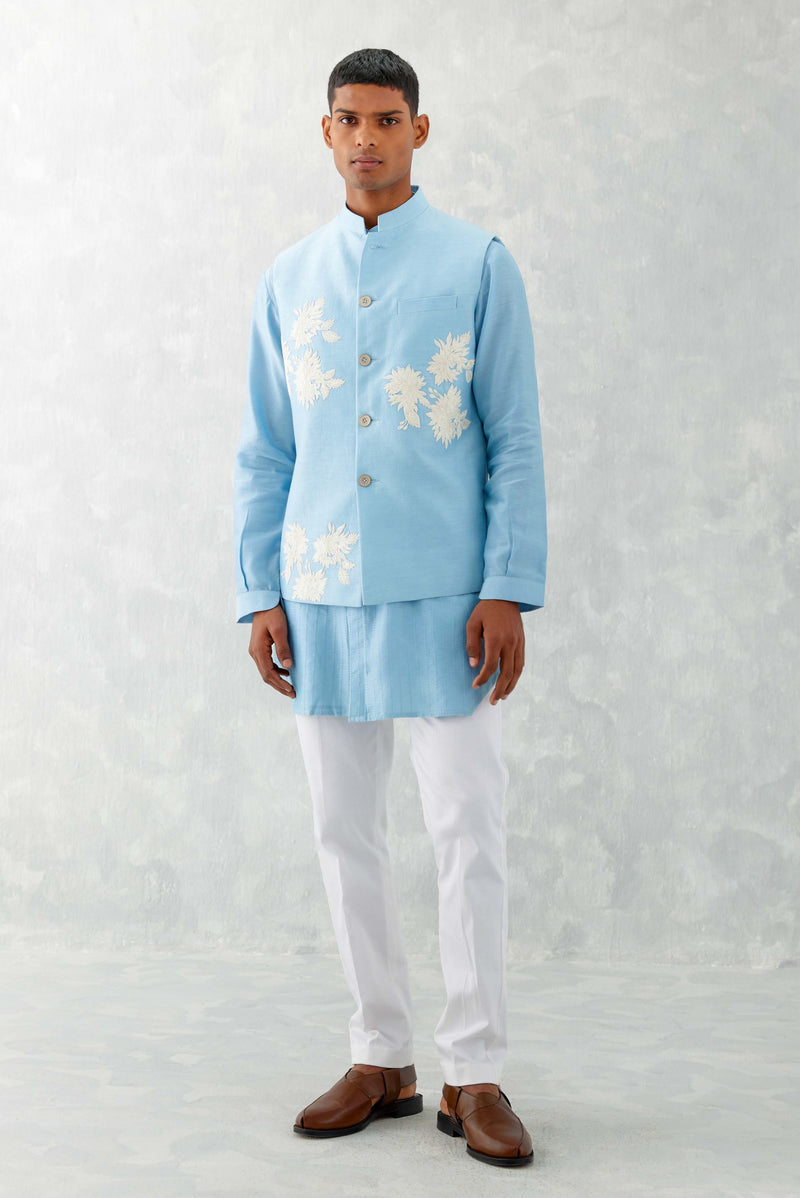 Sky Blue Kurta with Embroidered Bundi Set