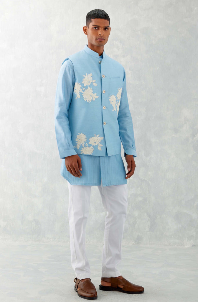 Sky Blue Kurta with Embroidered Bundi Set