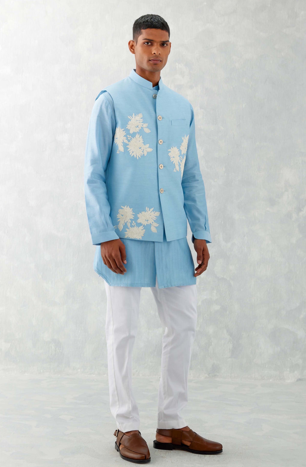 Sky Blue Kurta with Embroidered Bundi Set